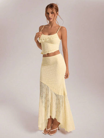 Exude Ethereal Sophistication in Our Asymmetrical Lace Vest &amp; Ruffled Skirt Set!

Experience the breathtaking fusion of romantic heritage and sharp, modern architectural tailoring. This stunning two-piece ensemble is meticulously designed for the woman who values a high-fashion, "quiet luxury" approach to event dressing—the ultimate centerpiece for prestigious spring weddings, exclusive garden parties, and high-authority summer social gatherings.

Iconic Lace Artistry: Featuring a masterfully curated as