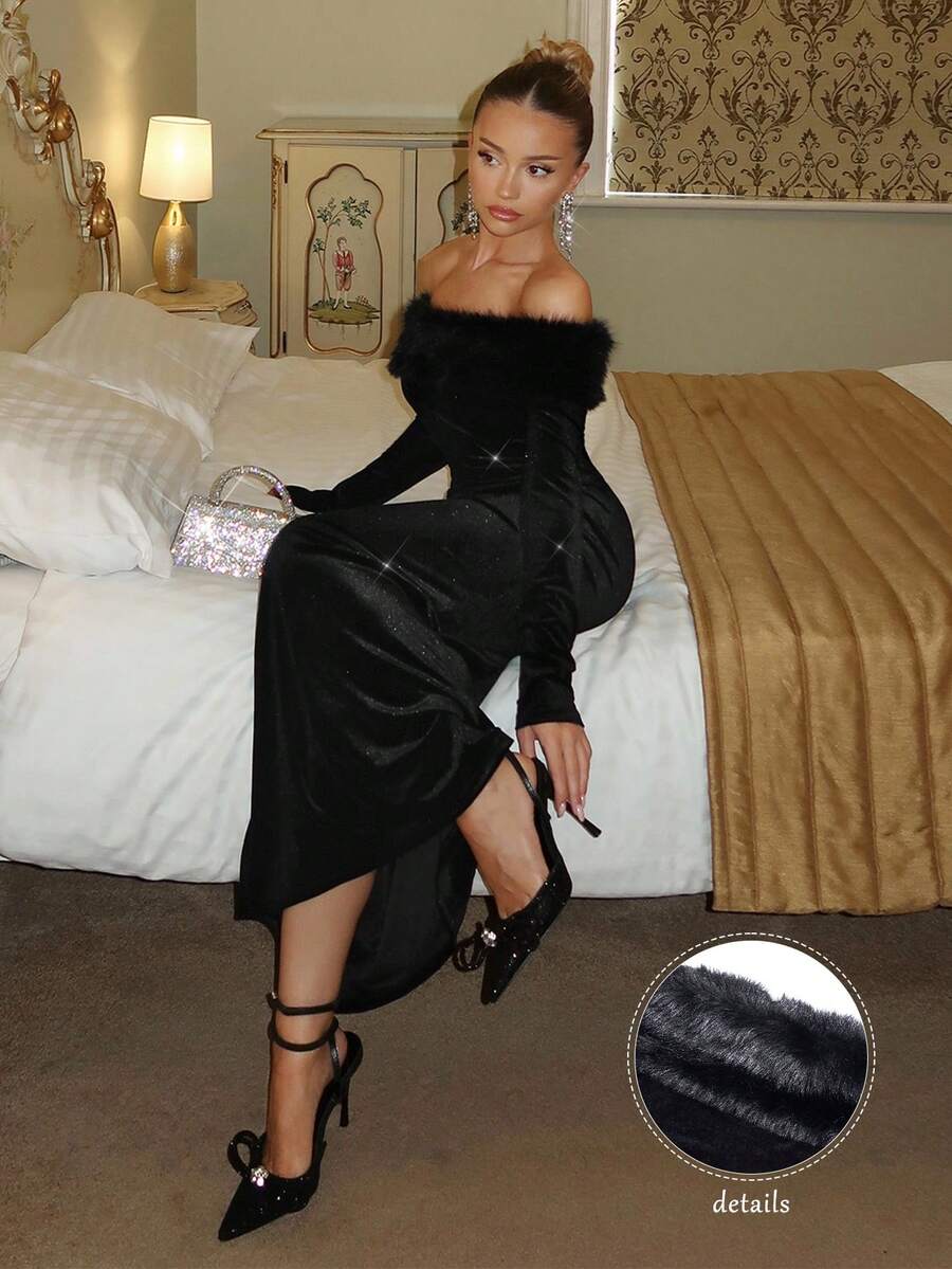 Slip into sophistication with this stunning off-the-shoulder white velvet maxi dress—your new go-to for turning heads through autumn and winter. The luxe velvet fabric drapes beautifully while the bardot neckline adds a touch of timeless glamour. Perfect for date nights, holiday parties, or whenever you want to feel absolutely fabulous. This versatile piece transitions seamlessly from casual elegance to red-carpet ready, making it the wardrobe essential you didn't know you needed. Embrace the season in styl