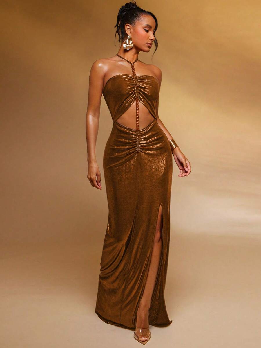 Make a statement in this stunning metallic hollow-out backless dress that's equal parts bold and breathtaking. The shimmering fabric catches the light beautifully, while strategic cutouts create an edgy, modern silhouette that turns heads. Perfect for nights when you want to feel confident and fabulous, this dress pairs effortlessly with minimal accessories to let the design shine. Whether you're hitting the club or attending an upscale event, this piece proves that sometimes less really is more—especially 