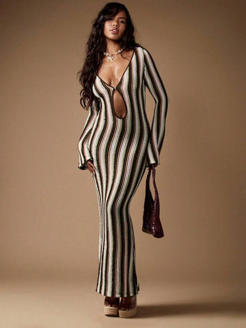 Step into the spotlight with the Retro Stripe Knit Midaxi Dress, your go-to for winter holiday parties and resort vibes. Its cozy knit fabric keeps you warm while the playful stripes add a splash of vintage charm. The midaxi length offers a flirty, flowing silhouette that's easy to dance in all night. Perfect for mixing festive cheer with laid-back glamour!