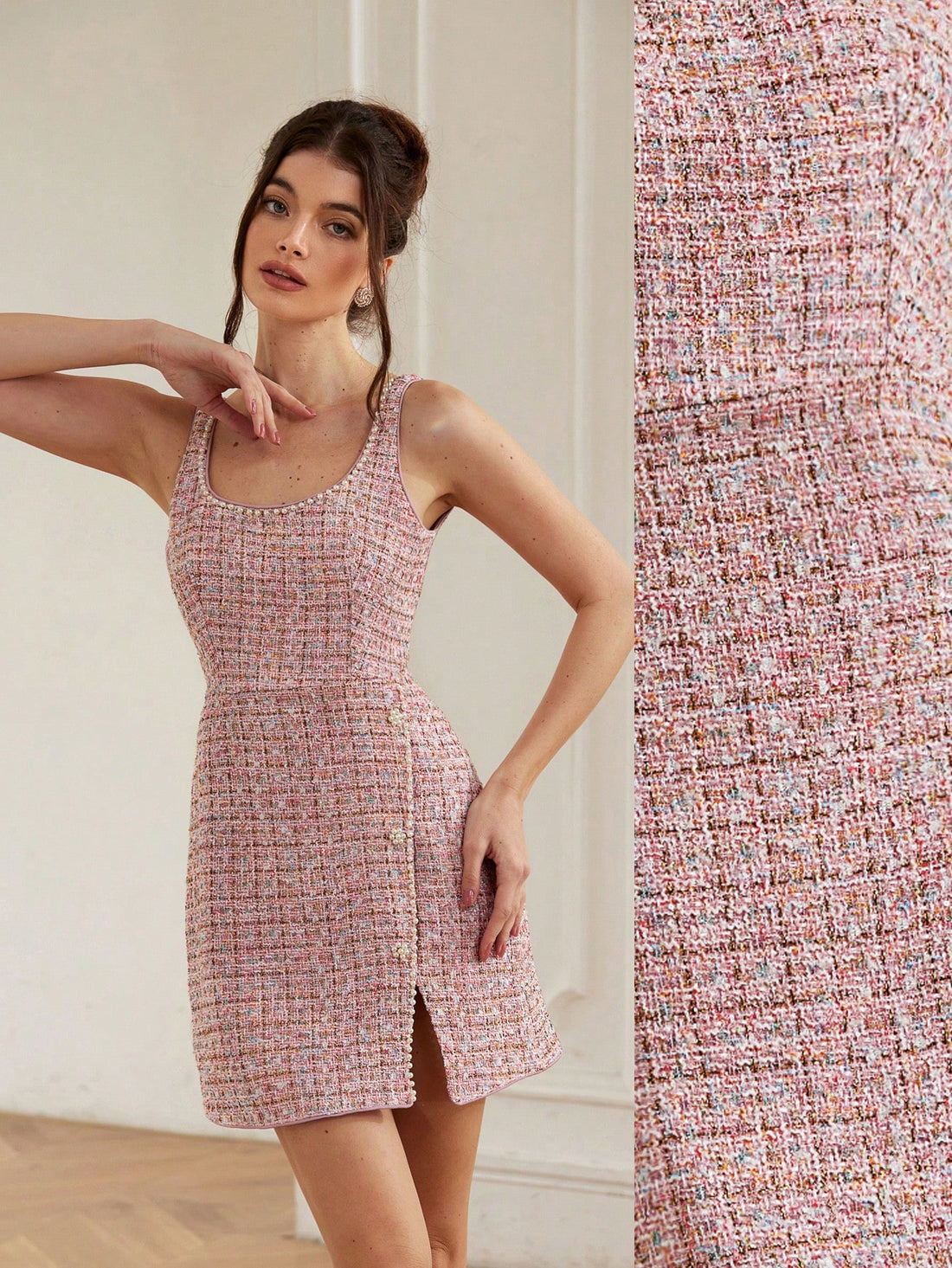 Get ready to turn heads with this Classic and Elegant Embellished Tweed Sleeveless Wrap Mini Dress! The wrap design flatters your figure while the tweed fabric adds a touch of sophistication. Perfect for a night out or any special occasion, this dress will make you feel confident and stylish.