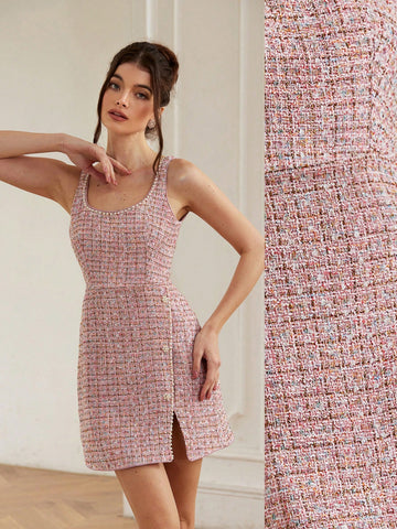 Get ready to turn heads with this Classic and Elegant Embellished Tweed Sleeveless Wrap Mini Dress! The wrap design flatters your figure while the tweed fabric adds a touch of sophistication. Perfect for a night out or any special occasion, this dress will make you feel confident and stylish.