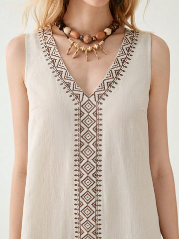 Float through summer days in our V-Neck Linen Embroidered Sleeveless Casual Dress! This breezy number combines delicate embroidery with lightweight linen for that perfect "I just threw this on but look amazing" vibe. The flattering V-neck shows just enough skin, while the sleeveless design keeps you cool when the temperature rises. Dress it up with heels or down with sandals – either way, you'll be turning heads without even trying!
