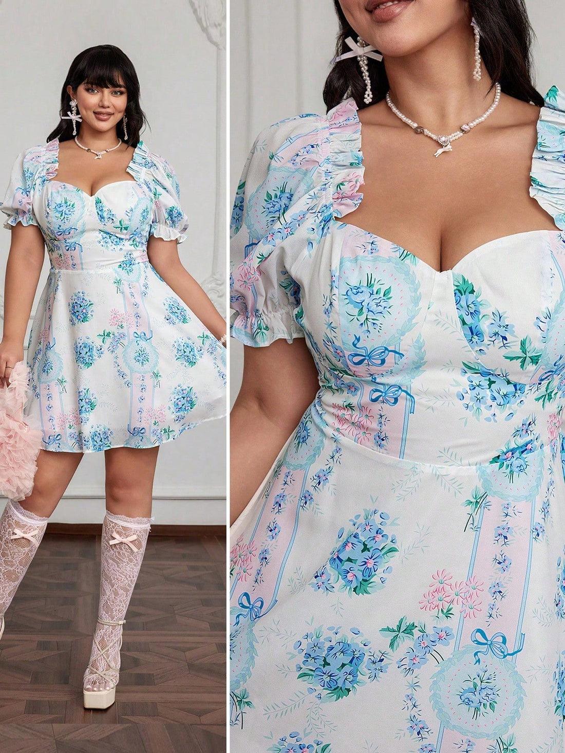 Step into charm with this plus size floral print dress, designed to brighten your romantic moments. Its flowing silhouette and vibrant blooms create a playful yet elegant look, perfect for date nights or garden parties. Celebrate your curves with a dress that’s as lively and lovely as you are!