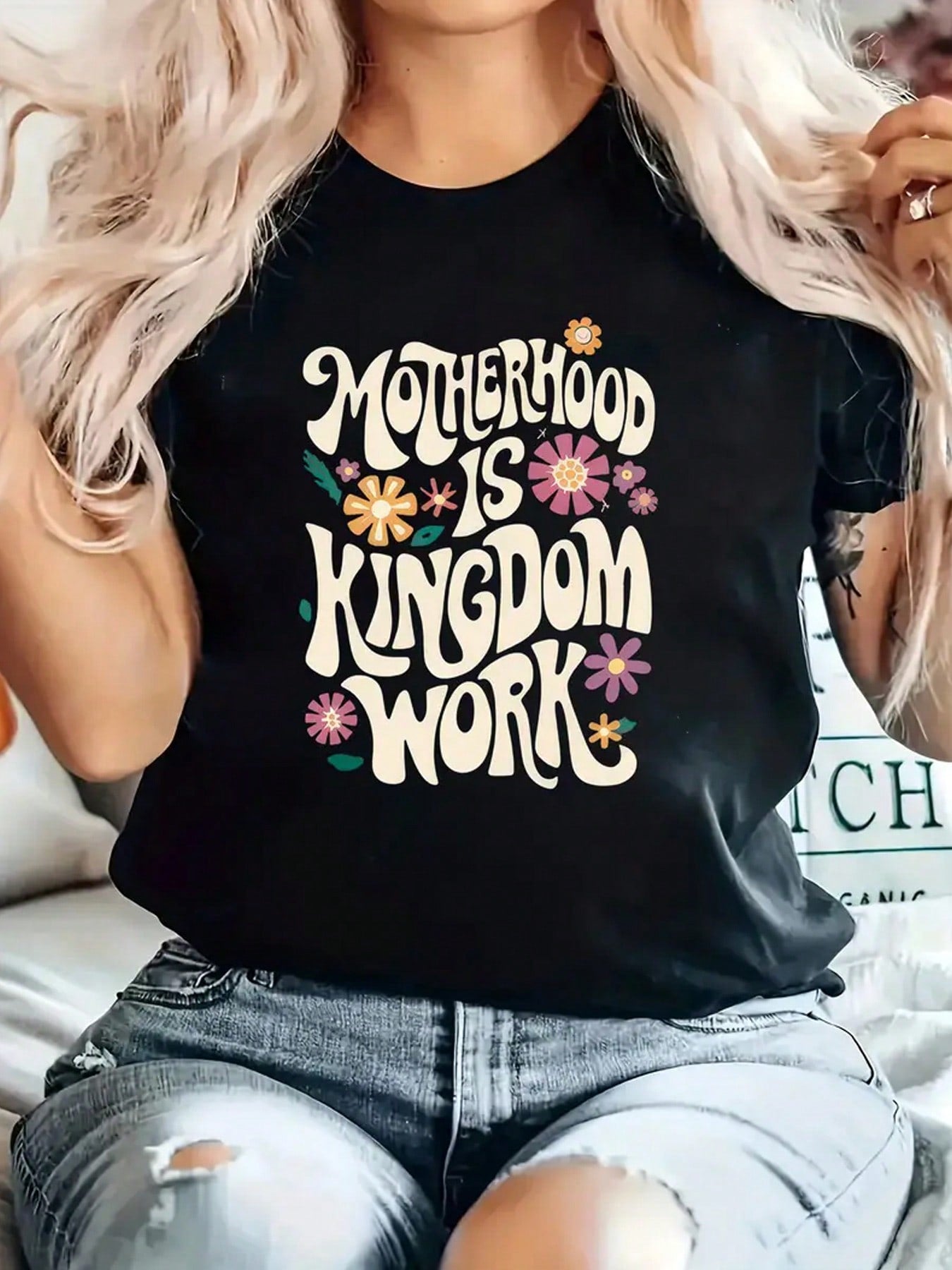 Celebrate motherhood with our Embrace Motherhood t-shirt! Made with soft, high-quality fabric, this stylish shirt boldly proclaims "Motherhood is Kingdom Work." Show your pride and love for being a mom in this unique and playful shirt. A must-have for any mother's wardrobe.