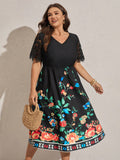 Celebrate sunny days in style with this plus size floral print lace dress. Its short sleeves and delicate lace detail add a flirty, feminine touch while the vibrant floral pattern brings summer vibes to life. Designed for comfort and confidence, this dress is perfect for garden parties, brunches, or any occasion where you want to shine with playful elegance.