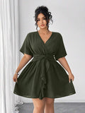 Turn heads this summer with our Plus Size Sexy Cross V-Neck Twist Tie Mini Dress. Featuring a flirty ruffle hem and a playful twist tie detail, this dress combines comfort and style effortlessly. Its flattering cross V-neck design enhances your curves, making it perfect for sunny days and warm nights. Embrace your confidence and enjoy the season in this fun, feminine mini dress made just for you.