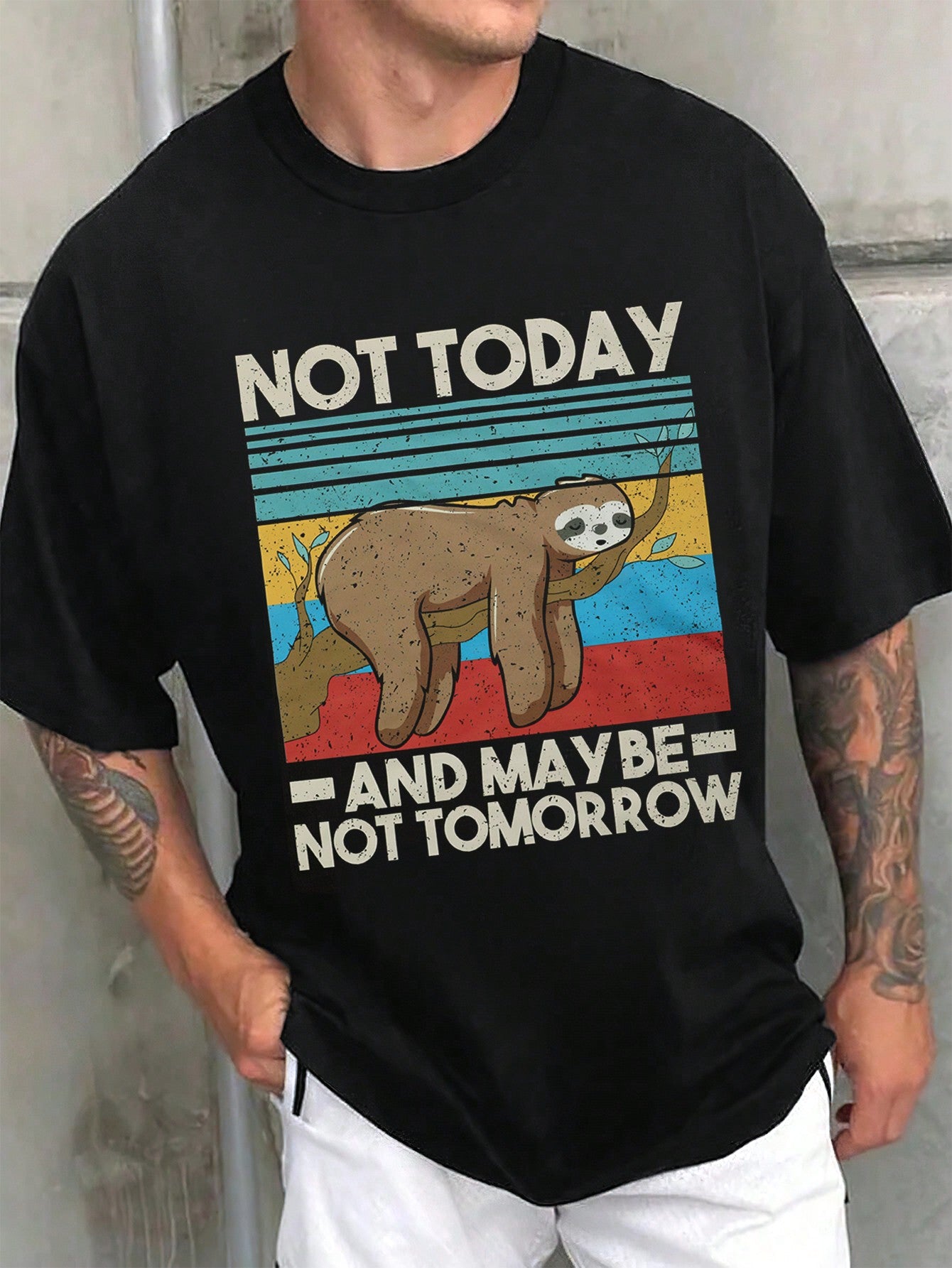 Unleash your inner sloth with our Men's Sloth Slogan Graphic T-Shirt. Made with soft cotton fabric and a comfortable fit, this shirt allows you to relax and embrace your lazy side. Perfect for a casual day or a night in, it's the perfect addition to any wardrobe.