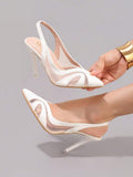 Close view of white PU leather pump overlays with sheer mesh cutout sides
