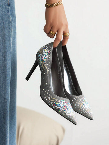 Step out in style with these Embroidered Rhinestone High Heels, where chic denim meets sparkling elegance. Perfect for weddings, parties, or adding a touch of glam to your everyday look, these pumps combine playful charm with eye-catching rhinestone details. Elevate your outfit effortlessly and dance the night away in comfort and confidence!