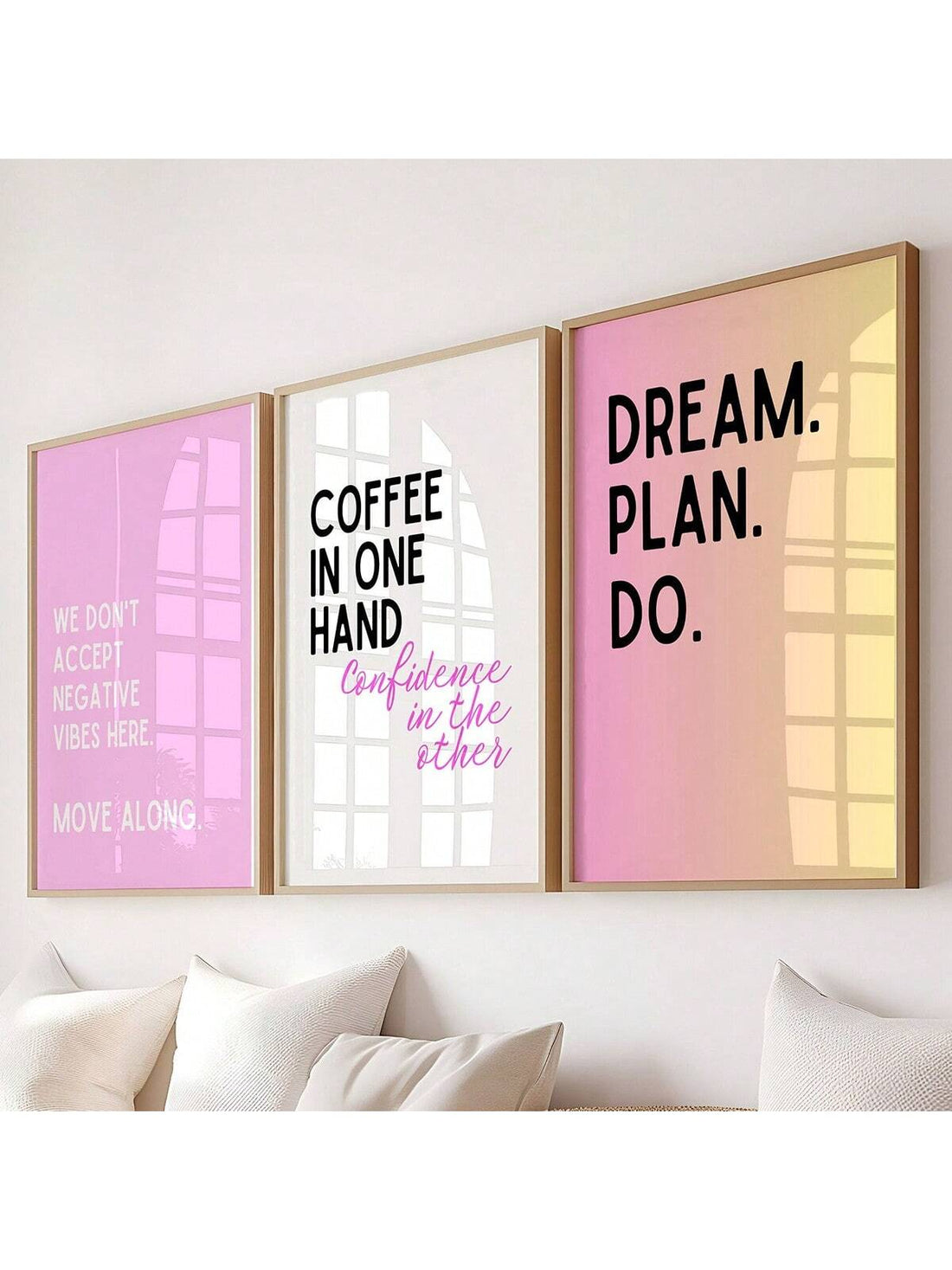 Transform your workspace into a sanctuary of motivation with this vibrant set of three inspirational wall art prints. Each piece features uplifting messages paired with soft pink tones that bring warmth and personality to any room. Perfect for creating a dedicated corner that celebrates your ambitions and keeps you inspired throughout the day. Whether you're building your empire or chasing big dreams, these prints serve as daily reminders that you've got this. Easy to display and designed to complement mode