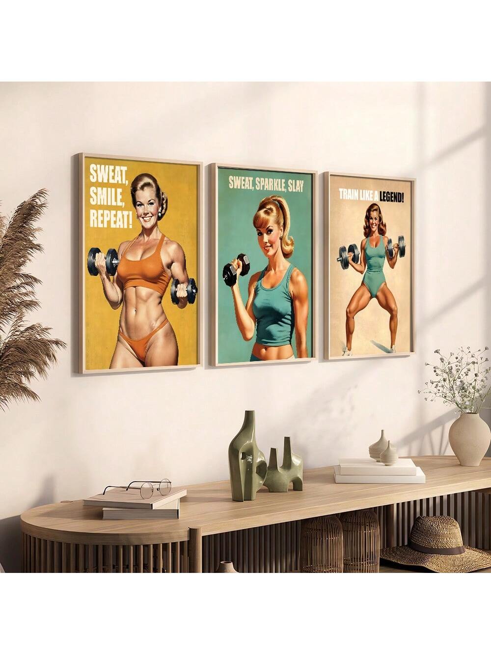 Enhance your space with our set of 3 vintage women's bodybuilding art posters. Showcasing powerful women and their strength, these unframed posters will add a unique touch to any room. Empower yourself and others with these inspiring images.