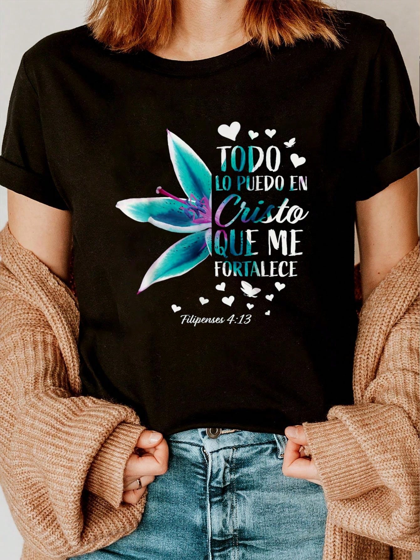 Tap into the strength of God with this Empowering Faith tee for women. With the powerful words "I can do all things through Christ who strengthens me" from Filipenses 4:13, this shirt is perfect for moms and wives who carry the weight of the world. Stay encouraged and uplifted in style!