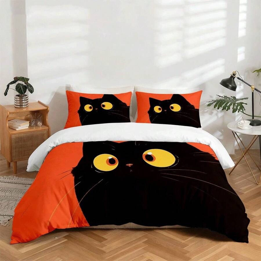 Bring enchantment to your bedroom with this captivating 3-piece duvet cover set featuring an adorable black cat with striking yellow eyes. Perfect for cat lovers and those seeking whimsical home decor, this cartoon-inspired design adds personality and charm to any space. The set includes a duvet cover and two coordinating pillow cases, all crafted from soft, durable 100% polyester for comfort and easy care. 