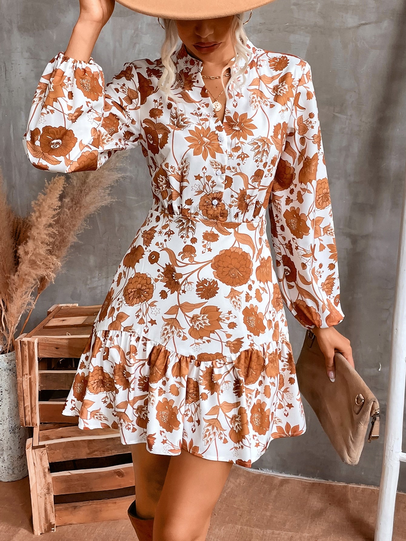 Effortlessly exude elegance and charm in our Enchanting Floral Print Lantern Sleeve Ruffle Hem Dress. The intricate floral print and delicate lantern sleeves add a touch of whimsy, while the ruffle hem creates a flattering silhouette. Perfect for any occasion, this dress is a must-have in every fashionable woman's wardrobe.