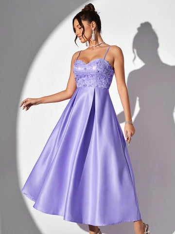 This enchanting lavender spaghetti strap evening gown exudes grace and elegance. The glittering floral accents add a touch of glamour to this timeless piece. Made with the highest quality materials, this gown is perfect for any special occasion. Style and sophistication combined in one stunning dress.