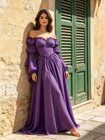 Front view of purple off-shoulder renaissance maxi gown with ruffled neckline and puff sleeves