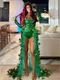 Front mirror view of emerald green sequin Poison Ivy bodysuit with ivy leaf trim and sheer train
