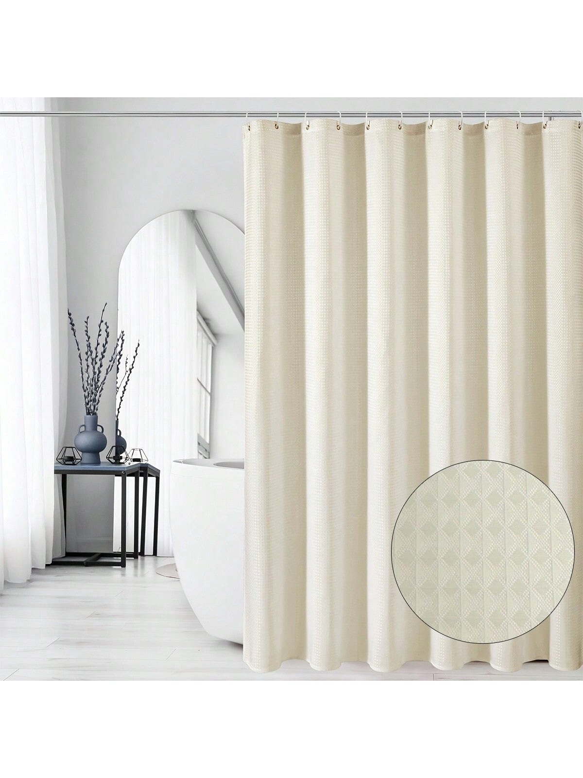 Take your shower game to the next level with our Enhanced Beige Waffle Shower Curtain! Not only is it waterproof and wrinkle-resistant, but it also comes with C-shaped hooks for easy installation. Say goodbye to boring showers and hello to a stylish and hassle-free experience. (Sorry, rubber ducky not included.)