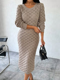 Introducing the Essence of Elegance: Women's Scaly Crew Neck Long Sleeve Sweater Dress. This dress boasts a chic crew neck, comfortable long sleeves, and a unique scaly pattern. Perfect for any occasion, this dress combines style and comfort for a sophisticated look.