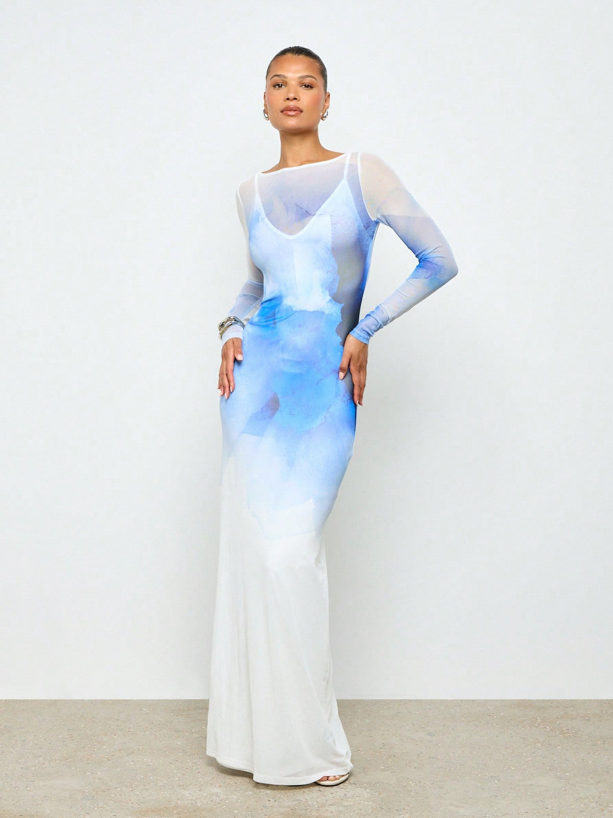 Ethereal Watercolor Maxi Dress with Long Sleeve Mesh Overlay for Elega – CANARY HOUZE