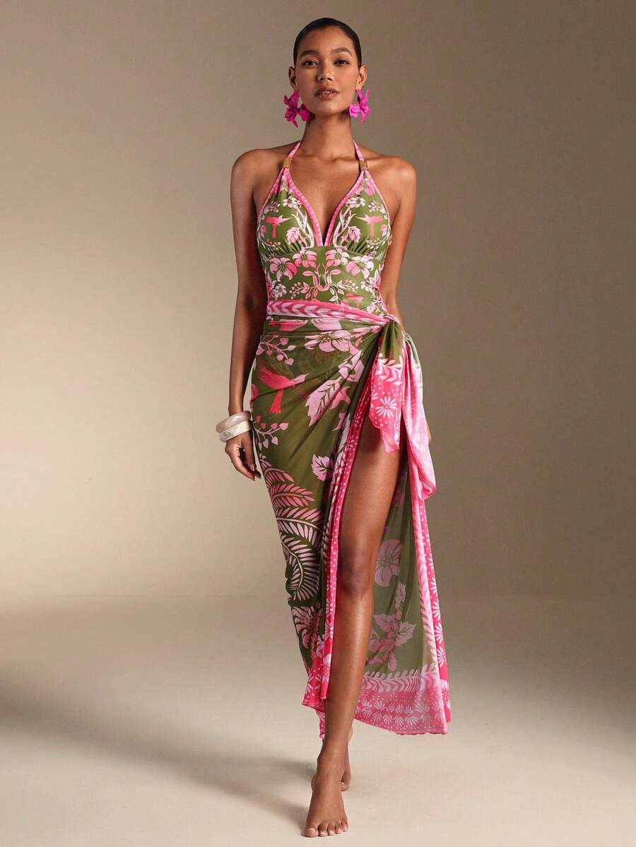 Make a splash this season in our Exotic Coconut Tree Floral Print Two Piece Swimsuit. Featuring a vibrant tropical design that captures the essence of island getaways, this swimsuit combines style with comfort for your beach holidays and resort escapes. The flattering two-piece silhouette offers versatile styling options—wear it as a complete set or mix and match with other pieces. Crafted from quality swimwear fabric, it provides excellent stretch and durability for all your water activities. 