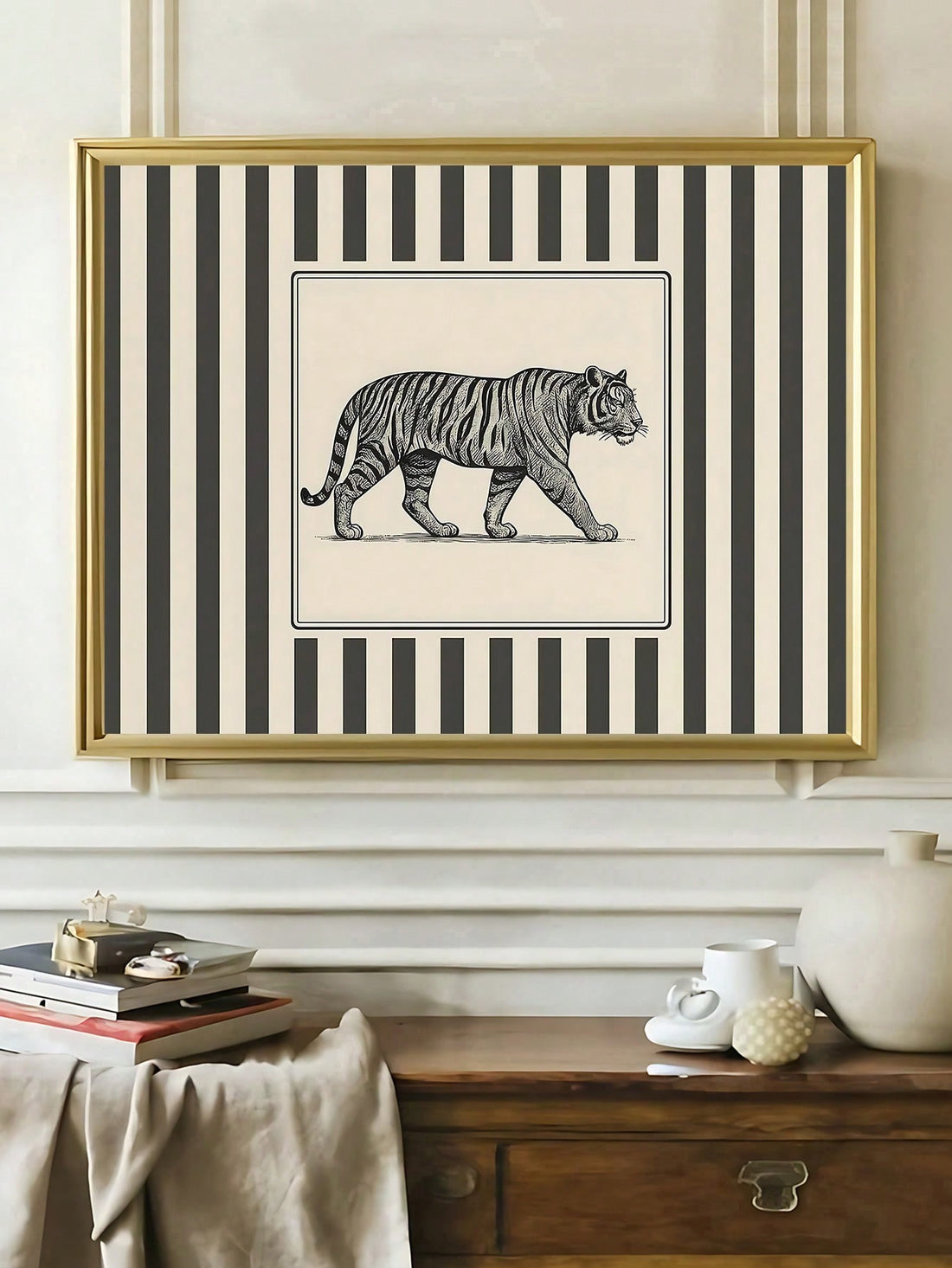 Bring wild sophistication to your walls with this striking vintage tiger canvas print. Rendered in bold black and white minimalist style, it captures the raw elegance of nature without overwhelming your space. Perfect for adding personality to living rooms, bedrooms, or creative studios, this piece transforms any wall into a conversation starter. The timeless monochrome palette pairs effortlessly with modern, eclectic, or traditional decor, making it a versatile choice for adventurous decorators. Whether yo