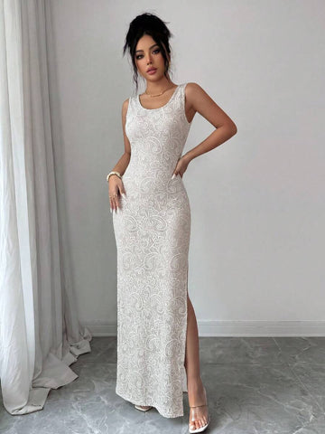 Apricot split maxi dress view 3