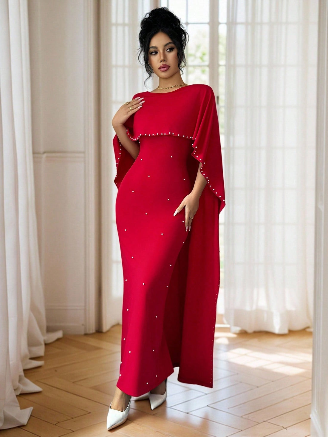 Drape yourself in pure elegance with this stunning pearl-embellished robe, a showstopper from our 2025 Autumn/Winter collection. Inspired by exquisite Middle Eastern craftsmanship, this piece features delicate pearl detailing that catches the light beautifully, making you feel like royalty every time you wear it. Perfect for special occasions, intimate gatherings, or whenever you want to turn heads, this robe combines timeless sophistication with modern flair. The luxurious fabric flows gracefully, offering