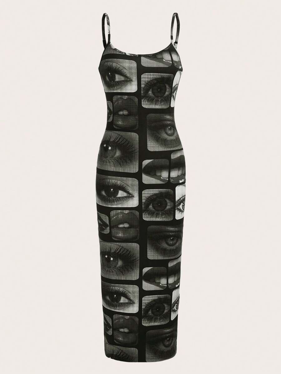 eye lip print bodycon maxi dress image 1 showing visible product shape, material, color, print, strap, lace, sole, neckline, or hem details