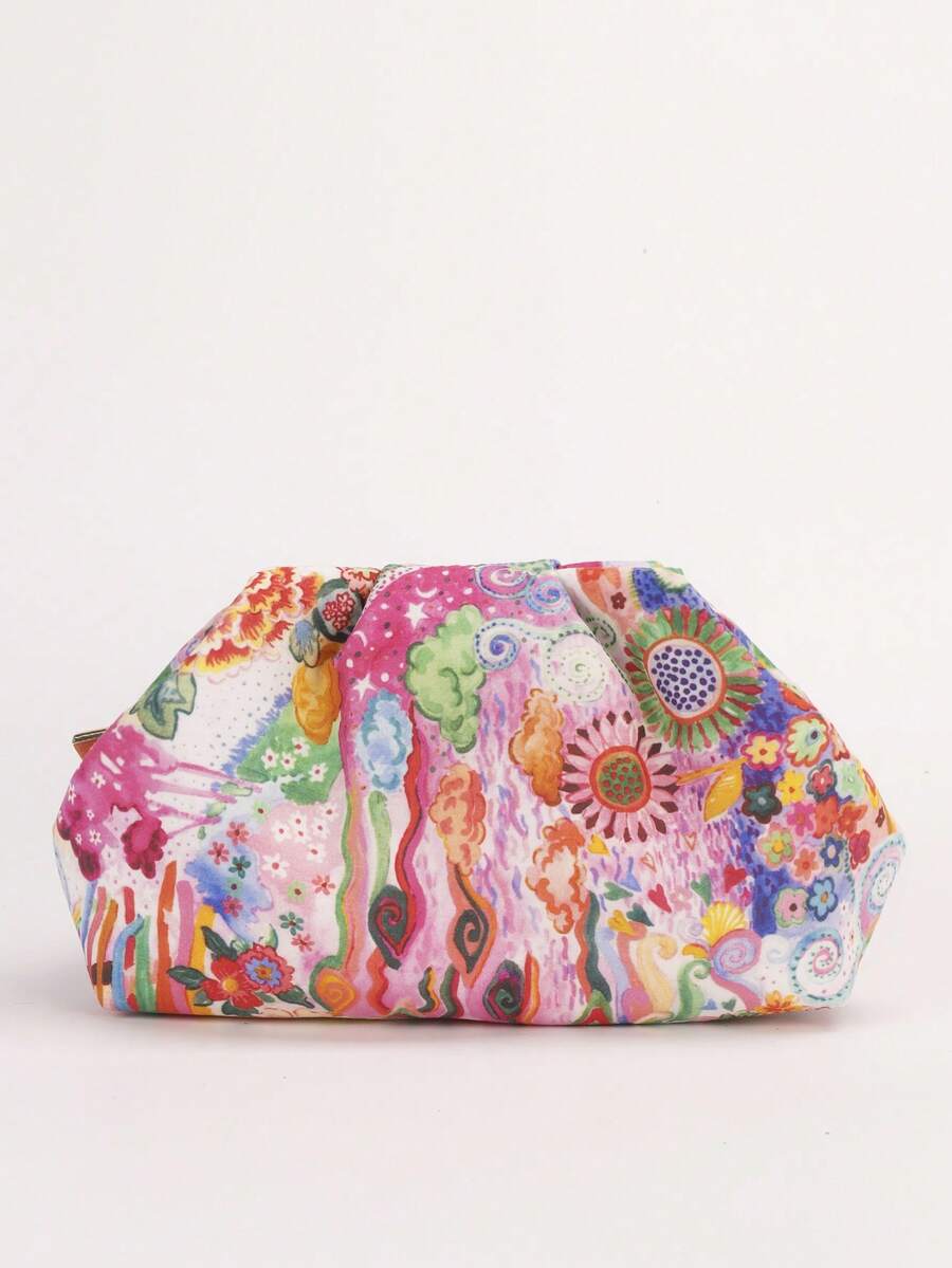Multicolor bohemian fabric ruffle clutch pouch with floral paisley abstract print front view