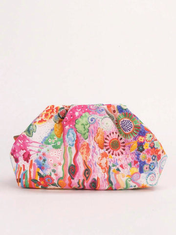 Multicolor bohemian fabric ruffle clutch pouch with floral paisley abstract print front view