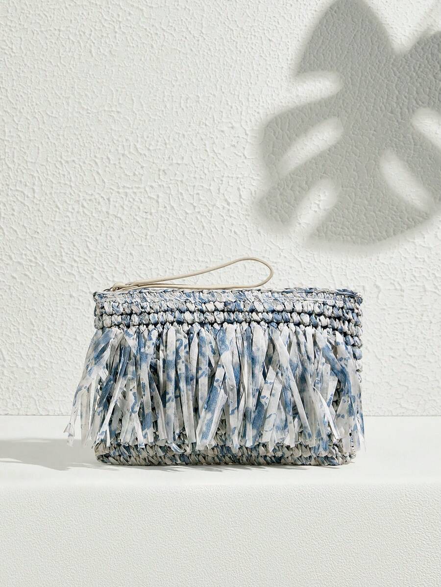 Blue gray white tie dye fabric tassel clutch with woven body zipper top and beige wrist strap