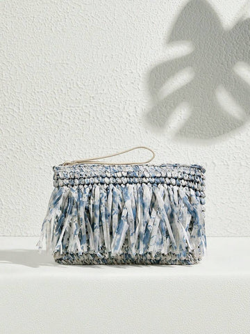 Blue gray white tie dye fabric tassel clutch with woven body zipper top and beige wrist strap