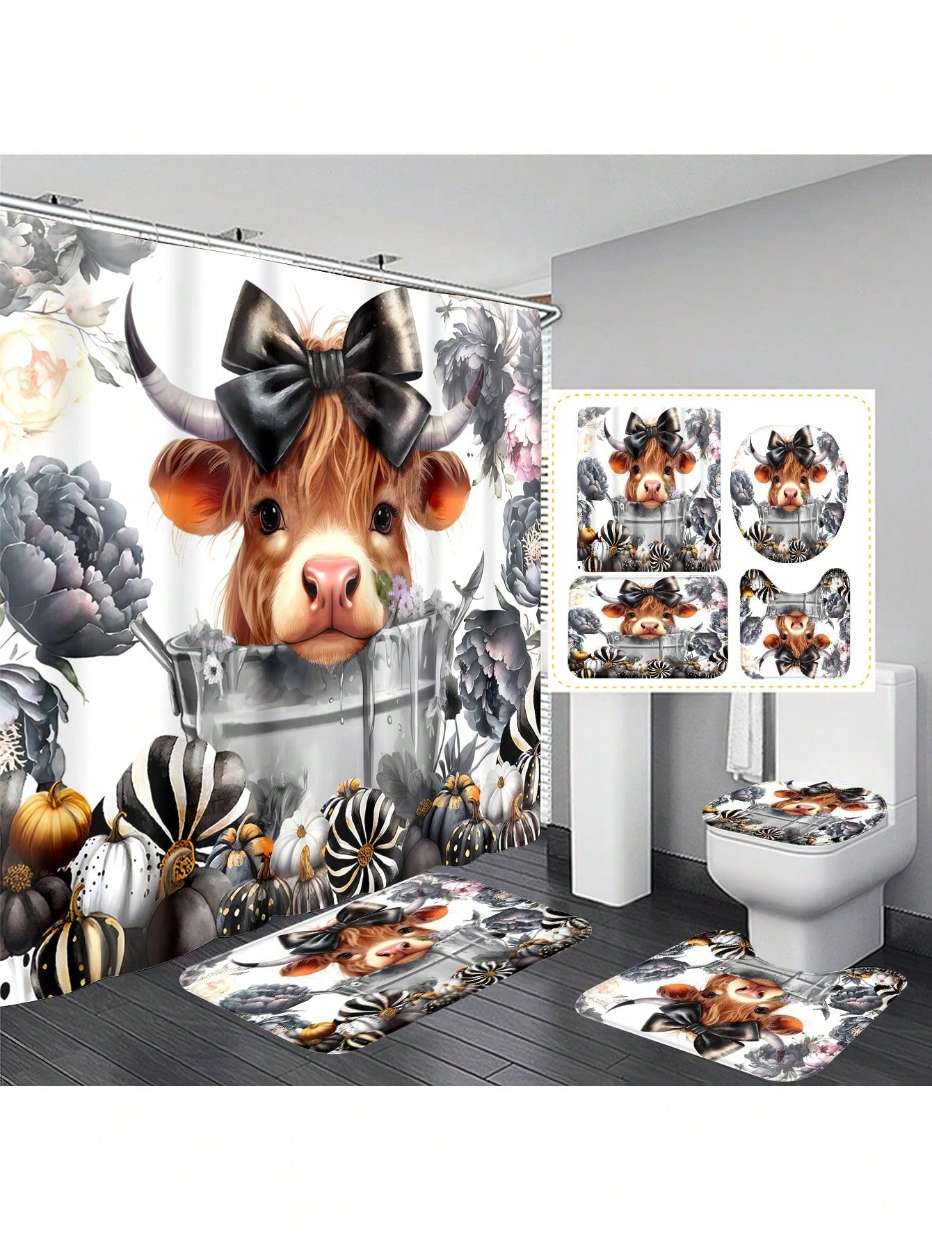 Enhance your bathroom with our Fall Harvest Farmhouse Bathroom Set. Featuring a charming pumpkin and sunflower design, this set includes a shower curtain and toilet lid cover for a cozy and inviting feel. Bring the warmth of the harvest season into your home with this beautiful set.