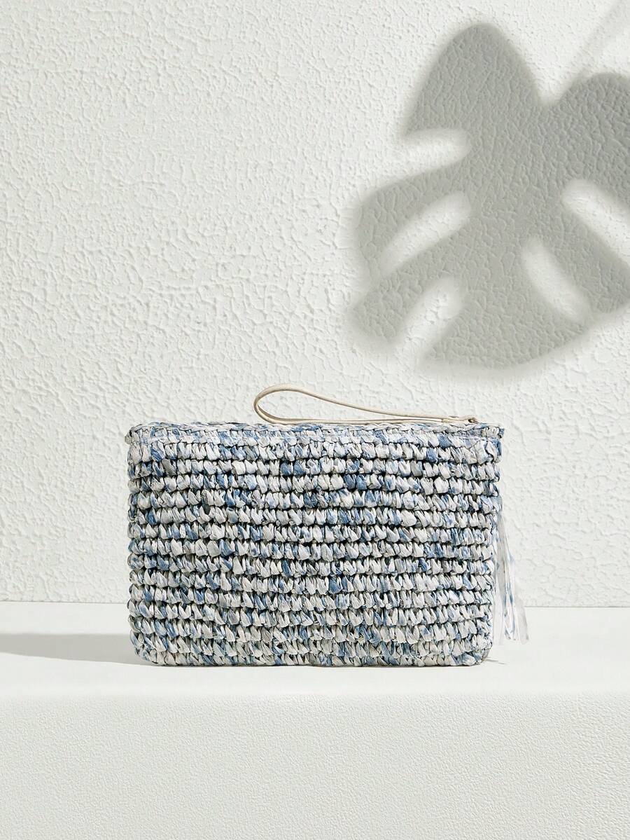 Blue gray white tie dye fabric tassel clutch with woven body zipper top and beige wrist strap