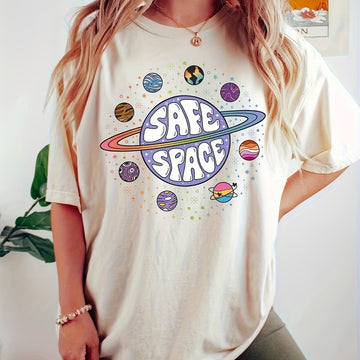 This women's t-shirt from Fashion Forward features a crew neck and short sleeves, with a unique planet print design. Made from high-quality materials, this trendy shirt will elevate your style while providing comfort. Show off your love for fashion and the planet with this must-have shirt.