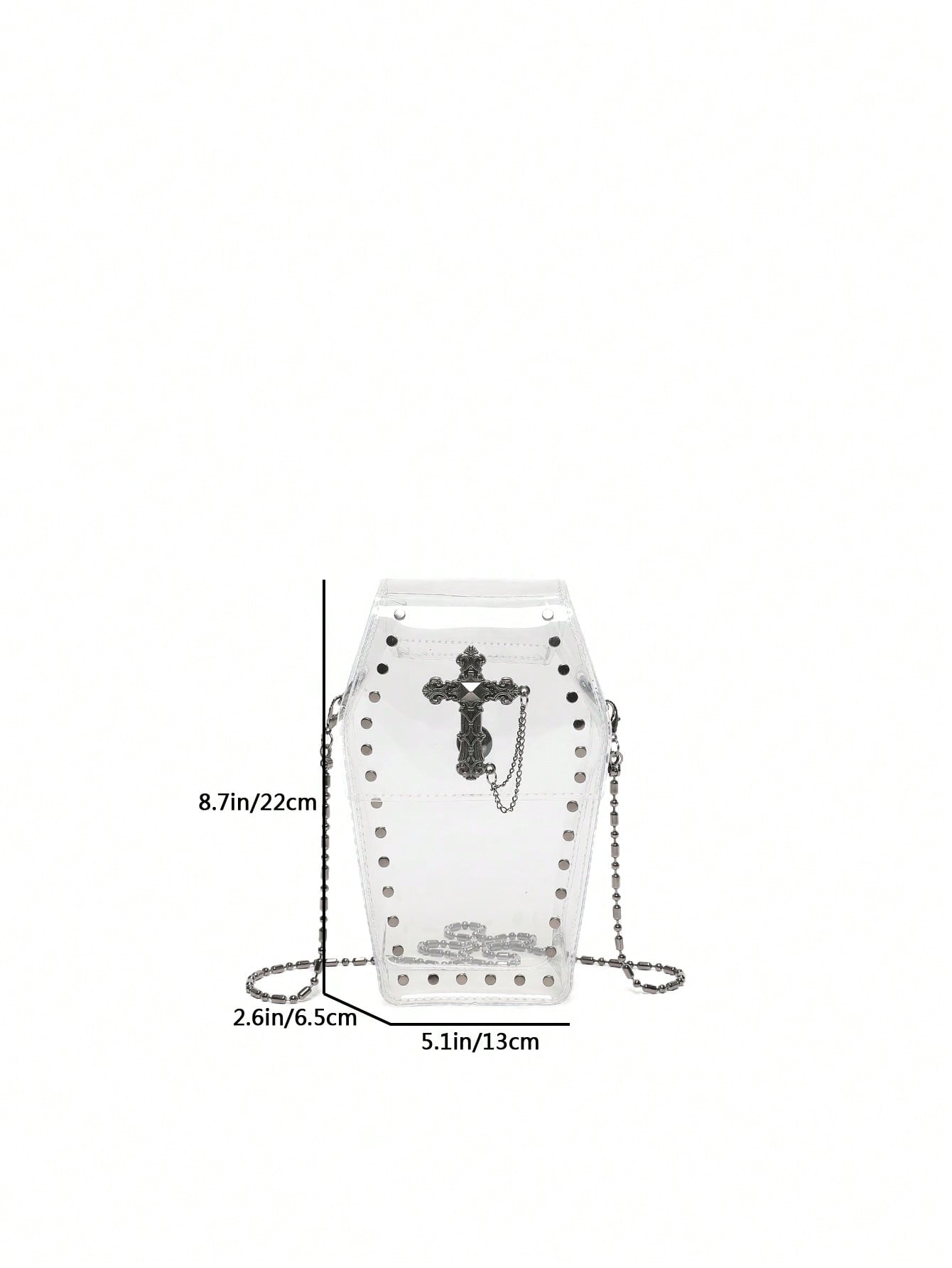 Upgrade your beach game with our Fashionable and Unique Transparent Chain Crossbody Coffin Bag. Its transparent design and waterproof material make it the ultimate beach essential. Plus, the trendy chain strap adds a stylish touch to your outfit. 