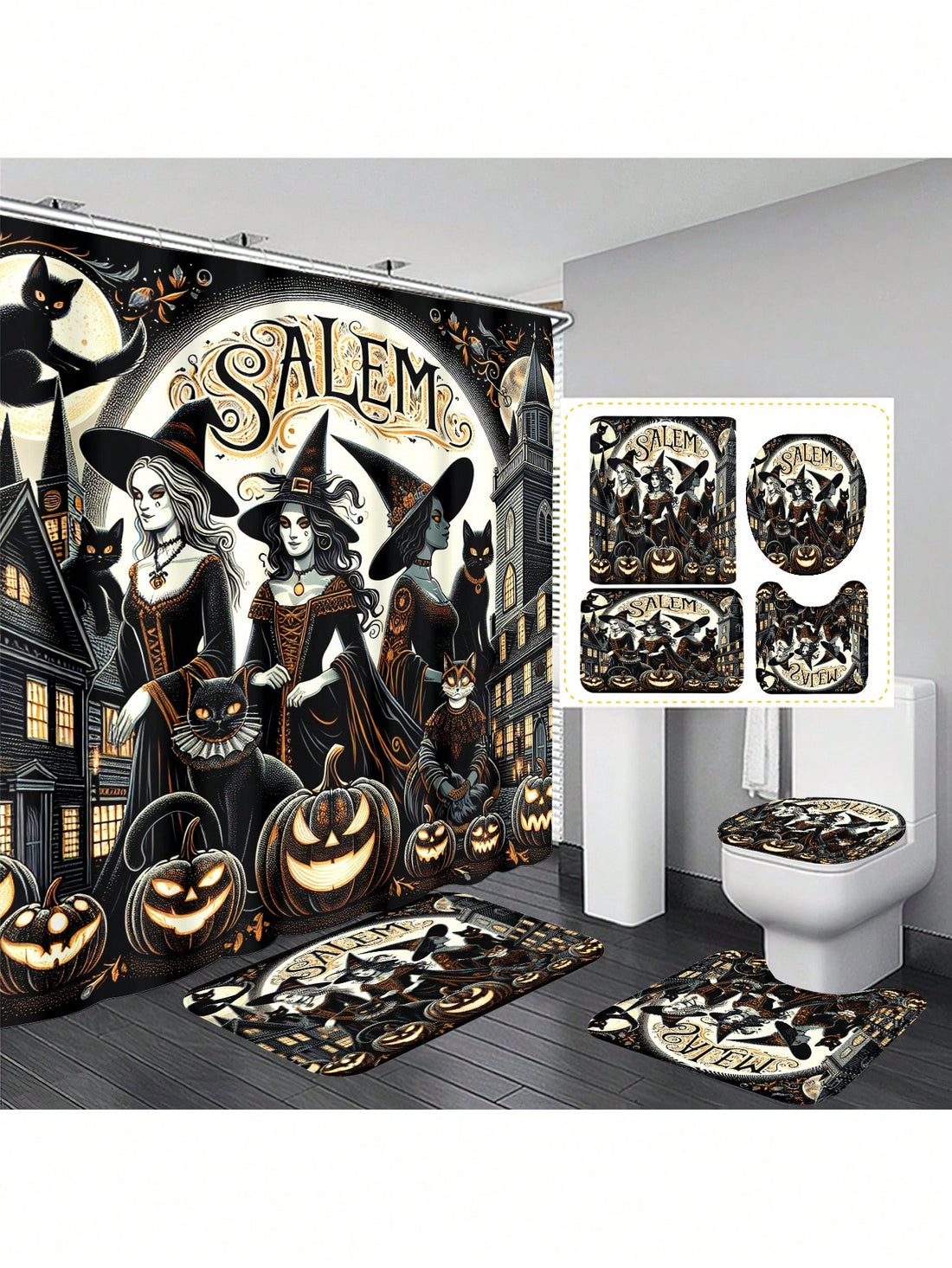 Elevate your bathroom decor with our Feline Fall Fun: Cat Pumpkin Bathroom Decor Set. This comprehensive set is designed to bring a touch of whimsy and fun to your bathroom, while showcasing your love for cats. The set includes all the essentials for a complete bathroom scenario.