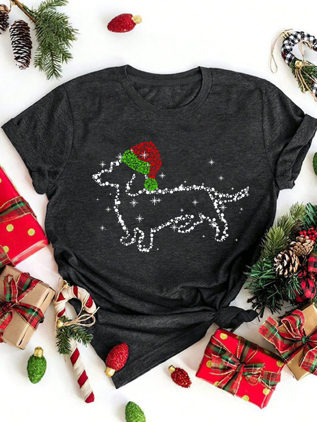This Festive Casual Christmas Hat Print Short Sleeve Tee for Women is the perfect addition to your holiday wardrobe. Made with a comfortable and lightweight material, it features a fun and festive hat print design that will add a touch of holiday cheer to any outfit. With its short sleeve style, this shirt is perfect for casual gatherings or even office parties. Get into the holiday spirit with this must-have tee.