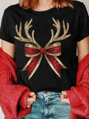Show off your festive charm with this adorable t-shirt! The red plaid pattern, bowknot detail, and deer horn print will make you stand out in any holiday gathering. Plus, the short-sleeves keep you cool and comfortable while you spread holiday cheer. Get yours now!