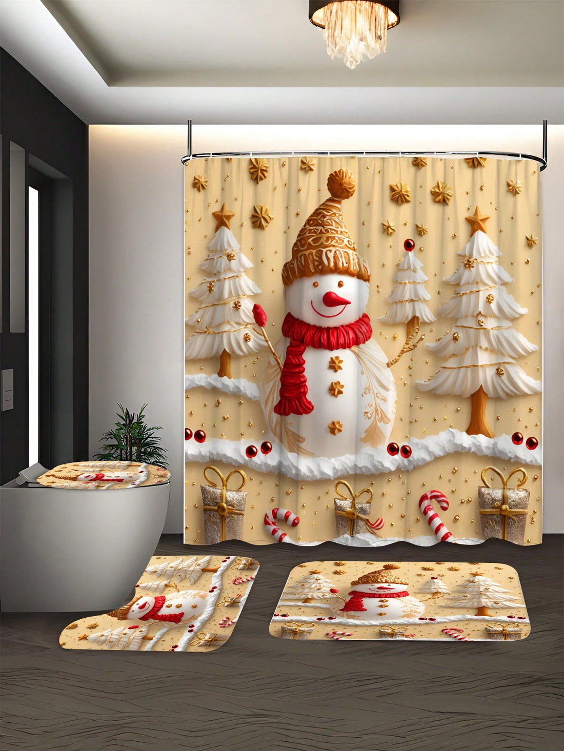Add a touch of festive cheer to your bathroom with our 4-piece red snowman bathroom set. Keep your floor dry with the waterproof shower curtain while enjoying the playful snowman design on the accessories. Perfect for adding a quirky touch to your holiday decor!