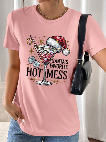 This festive Christmas wine glass graphic print tee for women is perfect for showing off your holiday spirit. Made with high-quality materials, it offers a comfortable fit and features a fun design that is sure to bring a smile to everyone's face. Get ready to spread some festive cheer with this festive tee!