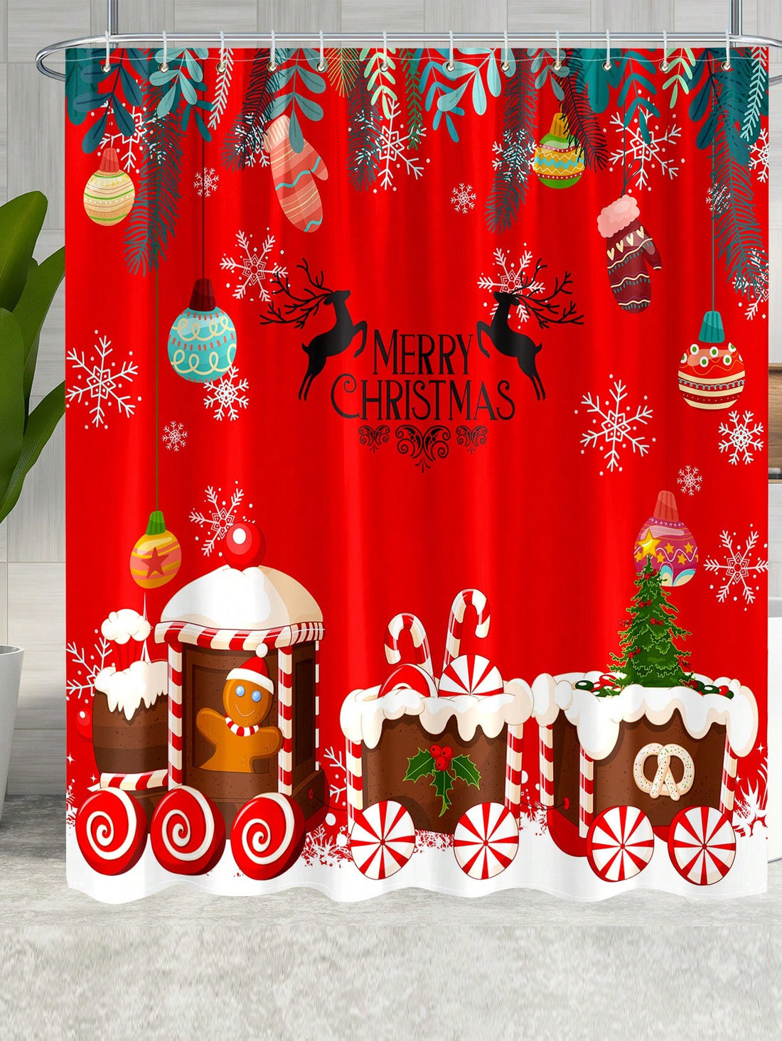 Get in the holiday spirit with our Festive Cheer shower curtain. Designed with a merry red color, an adorable snowing train pattern, and hooks included for easy installation. Add a touch of holiday cheer to your bathroom and make your showers a little more festive!