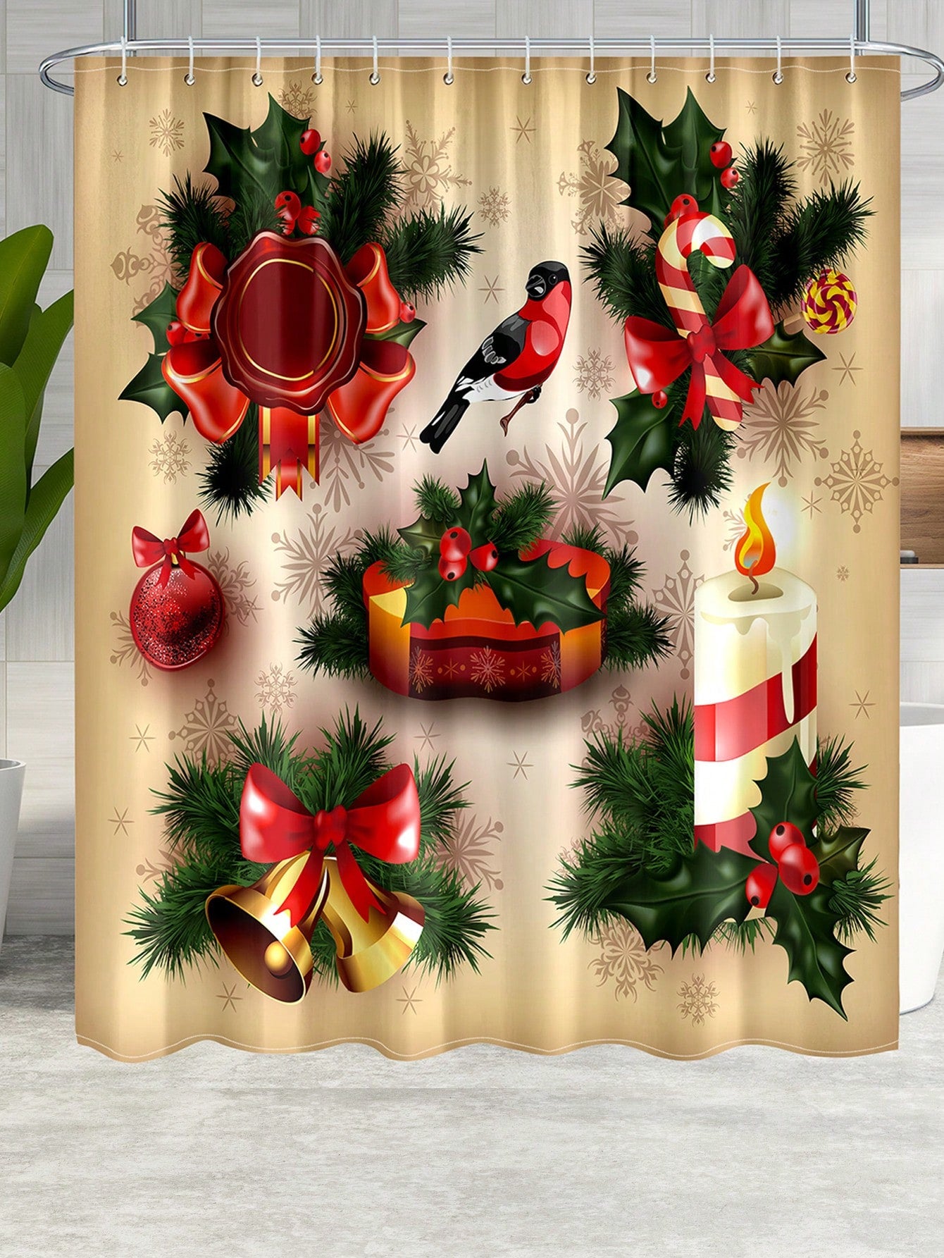 Add some festive cheer to your bathroom with this Merry Christmas shower curtain! Made of waterproof material and measuring 71x71 inches, it's a perfect way to keep your bathroom dry while adding some holiday spirit. Comes with hooks for easy installation.
