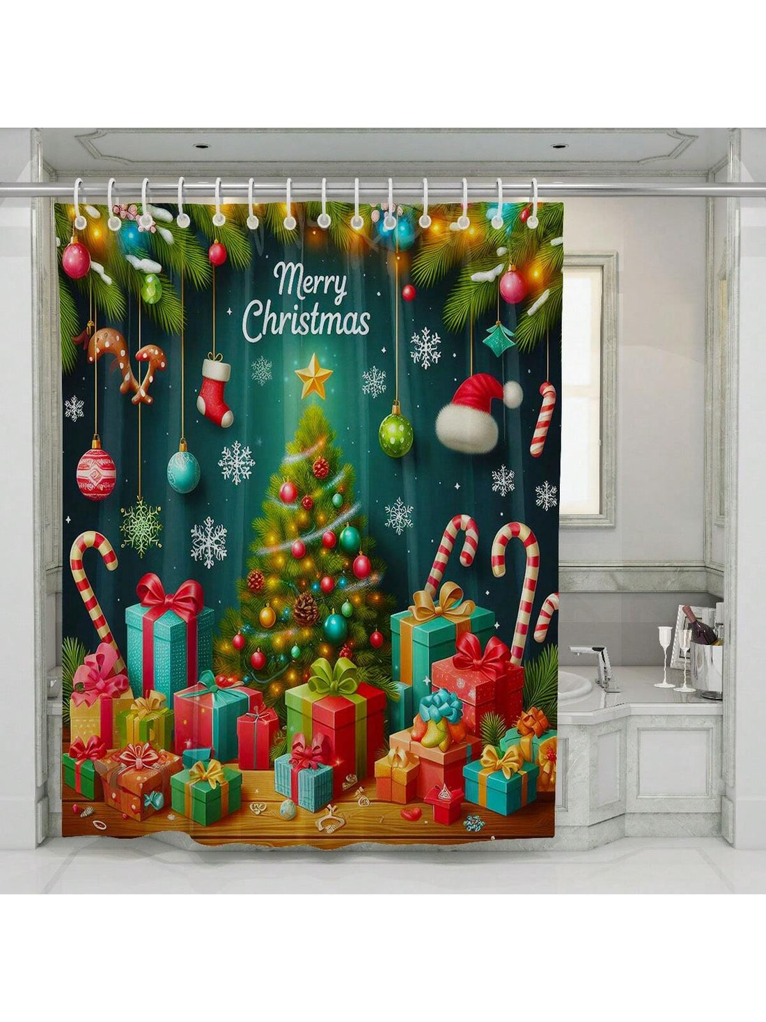 Elevate your holiday bathroom decor with our Festive Christmas Blessings Shower Curtain. This quirky and fun curtain adds a touch of festive cheer and humor to your daily routine. The perfect way to liven up your bathroom this holiday season!