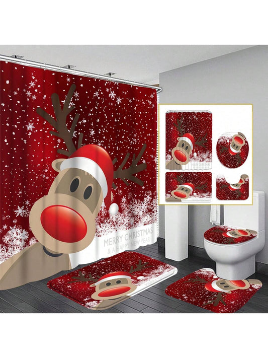 Upgrade your bathroom decor this holiday season with our Festive Christmas Deer Shower Curtain Set. This complete set includes a non-slip bath mat and hooks, adding a touch of holiday cheer to your daily routine. Made with durable material for long-lasting use.