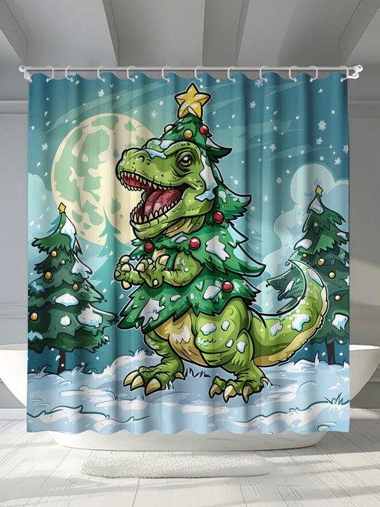 Transform your bathroom into a winter wonderland with Festive Dino Delight. This waterproof bath curtain features a festive Christmas tree and playful dinosaurs, with easy-to-use hooks for quick installation. Create a fun and festive atmosphere while protecting your floors from water damage.