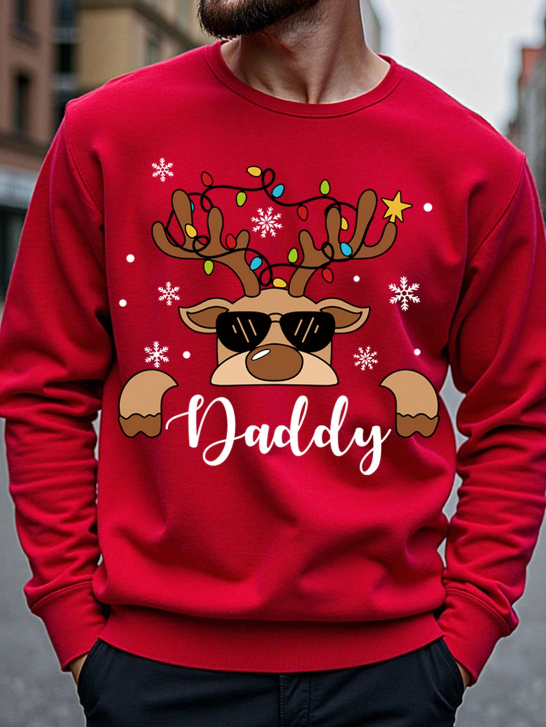 This sweatshirt is perfect for your festive family gatherings this holiday season. Featuring a fun and playful reindeer graphic, it adds a touch of humor to your wardrobe. Made for men, but suitable for all, this sweatshirt is sure to bring joy and laughter to your celebrations.