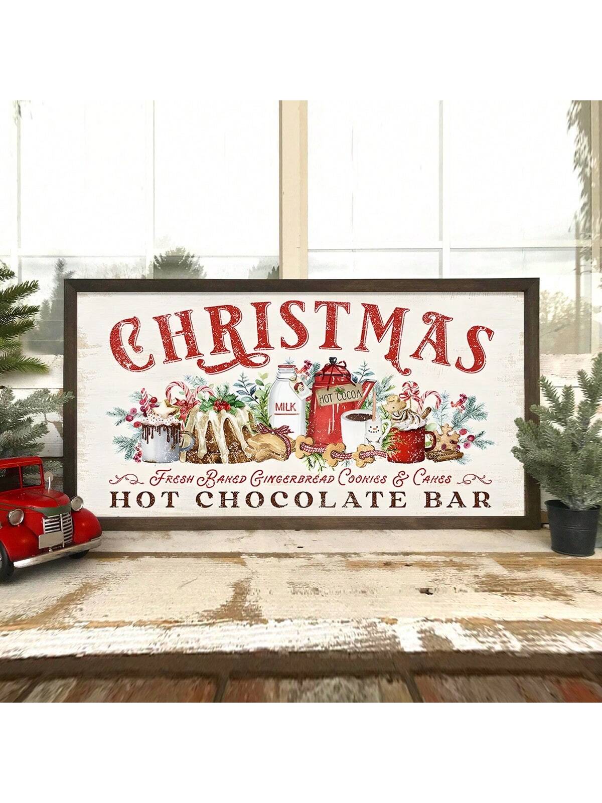 This festive wall art adds a touch of holiday cheer to any space. With its charming farmhouse design and cozy hot cocoa bar motif, it's the perfect addition to your Christmas decor. Made with durable canvas, this decoration will last for many holiday seasons to come.